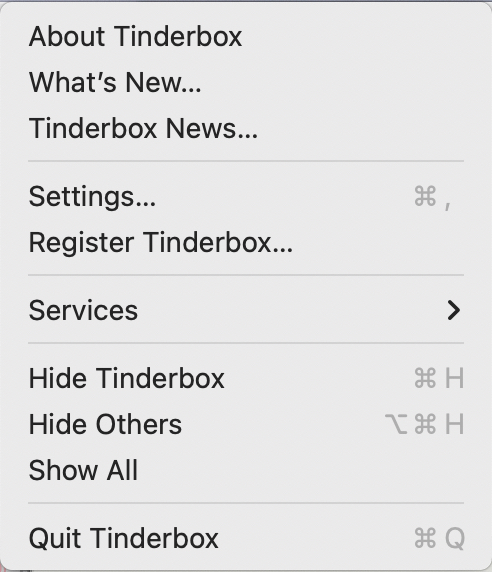 Tinderbox 10 menu